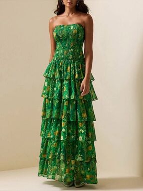 BOUTIQUE Green Floral Smocked Tiered Strapless Wedding Summer Maxi Dress Medium